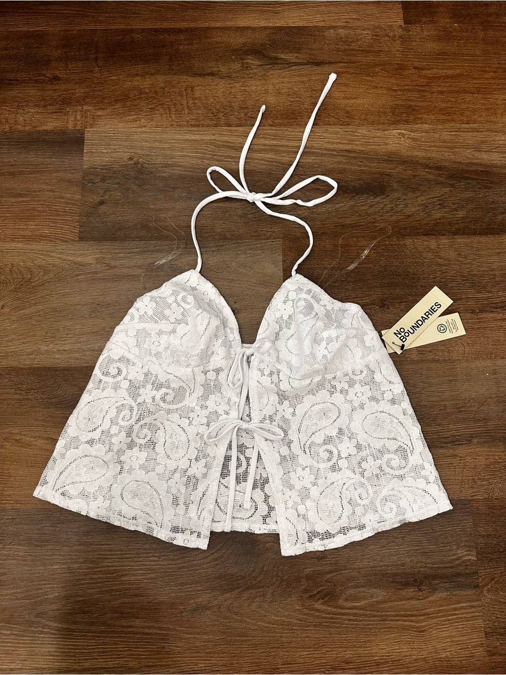 No Boundaries White Lace Tie-Front Halter Crop Top